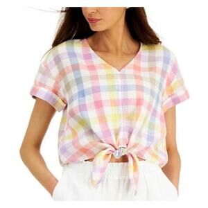 Charter Club Top Women’s Checkered Plaid Luxury Linen Front Tie size Medium